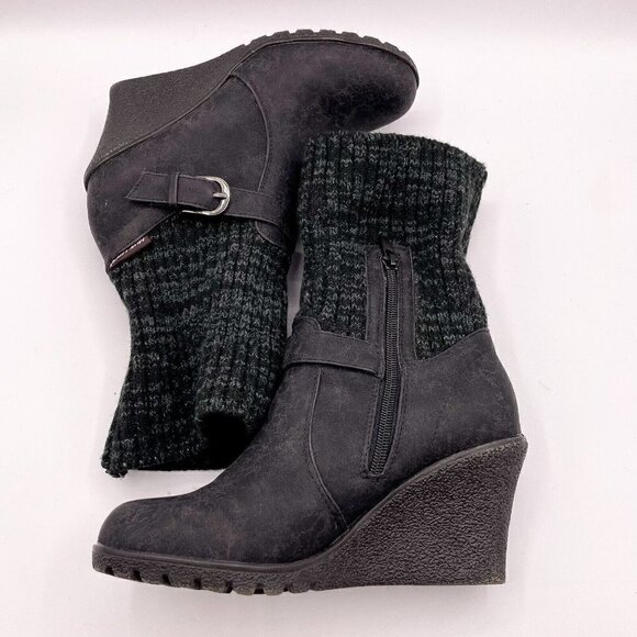 MUK LUKS WOMENS GEORGIA Knit Distressed Wedge BUCKLE STRAP ANKLE BOOTS Size 7 - Picture 8 of 11